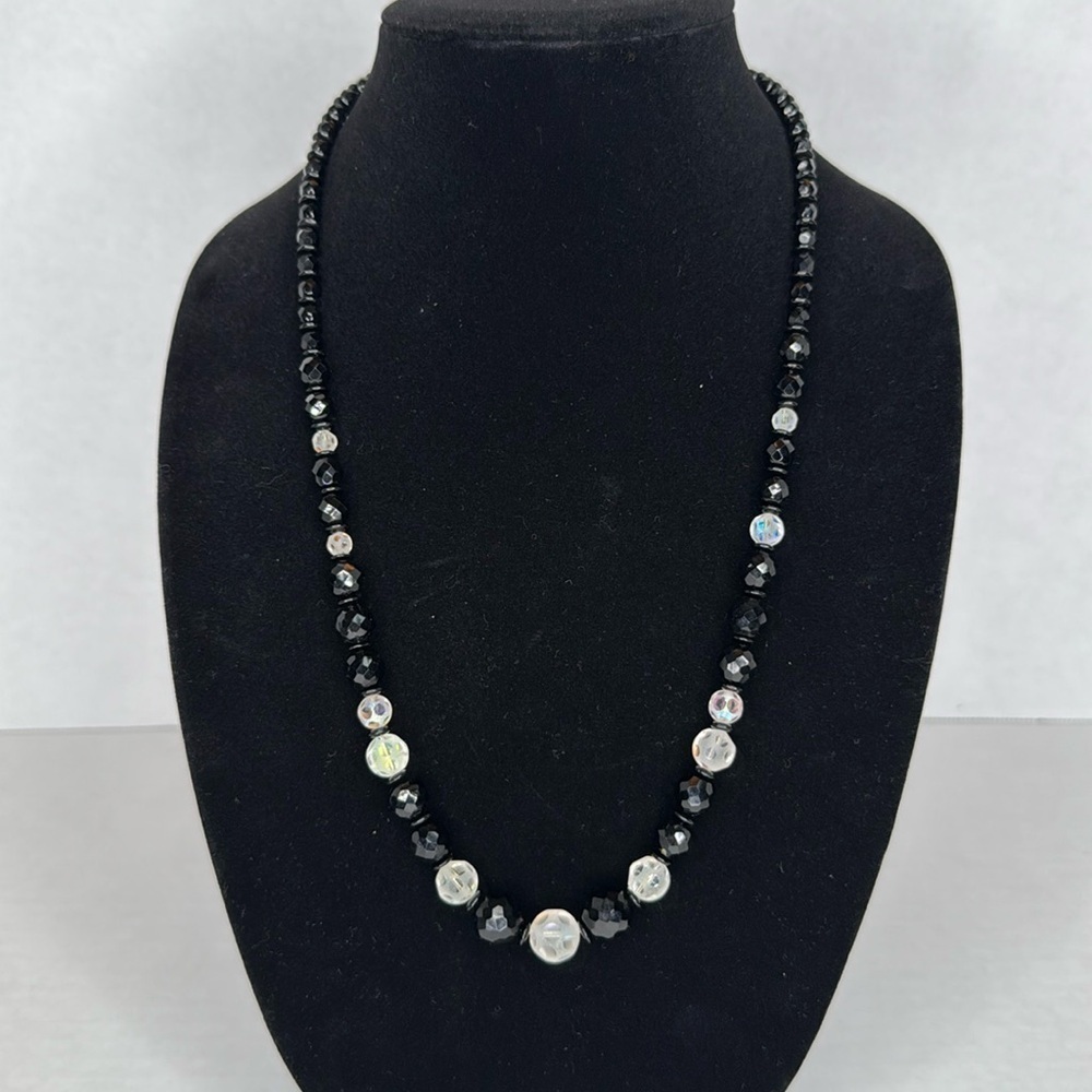 Vintage 1950s Black & Clear Glass Beaded Necklace lot A23